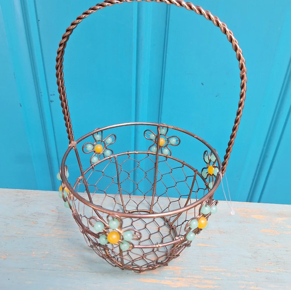 Metal Easter Basket Woven Silver Floral Beaded Flowers Boho Gifts Container